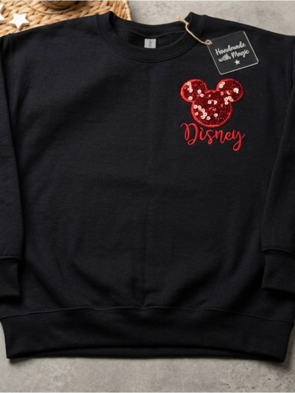 Black Sweatshirt with Red Sequin Mickey Accent
